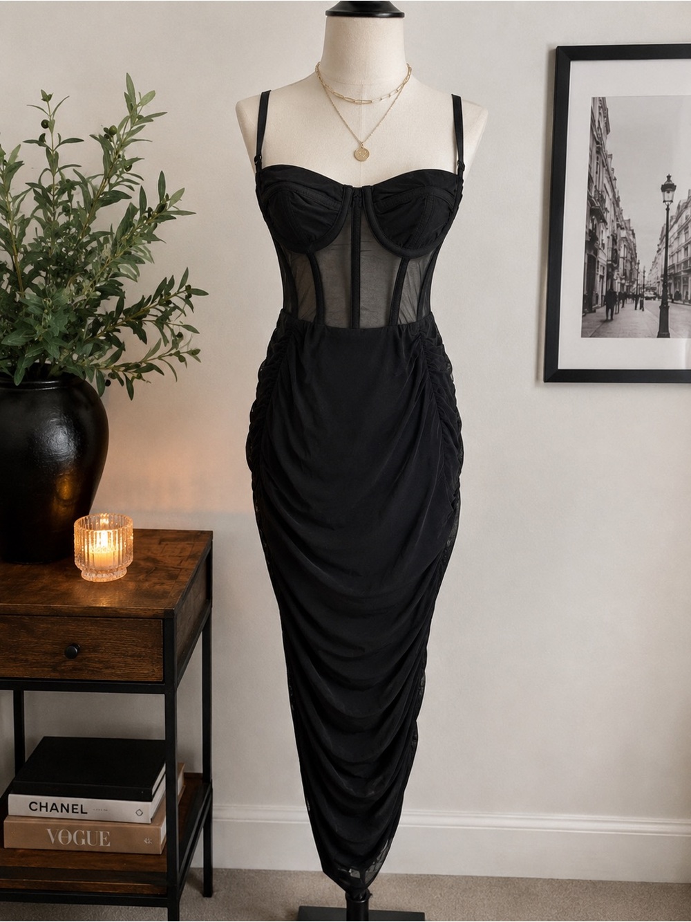 Tic Toc Black Ruched Mesh Corset Bodycon Mini Dress Size Small